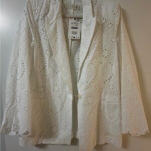 Zara White Eyelet Lace Blazer